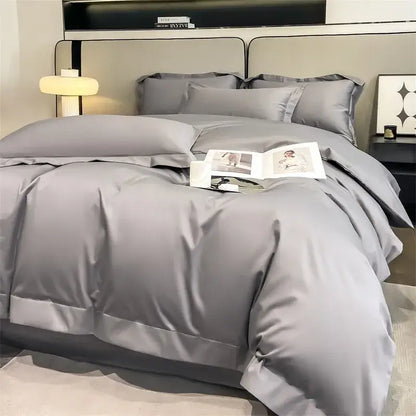 Gray satin DecorBites™ luxurious 1000TC Egyptian cotton duvet cover set with matching pillows and elegant stitched detailing