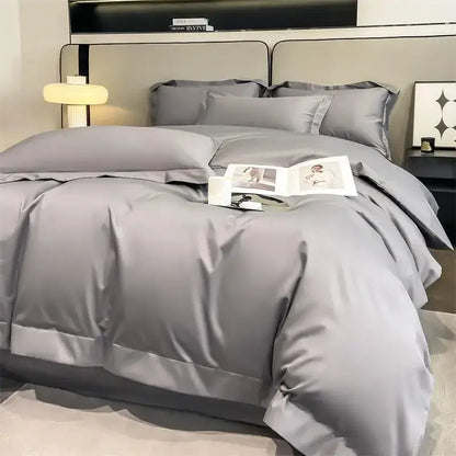 Gray satin duvet cover set with matching pillows featuring luxurious 1000tc egyptian cotton and elegant stitched detailing