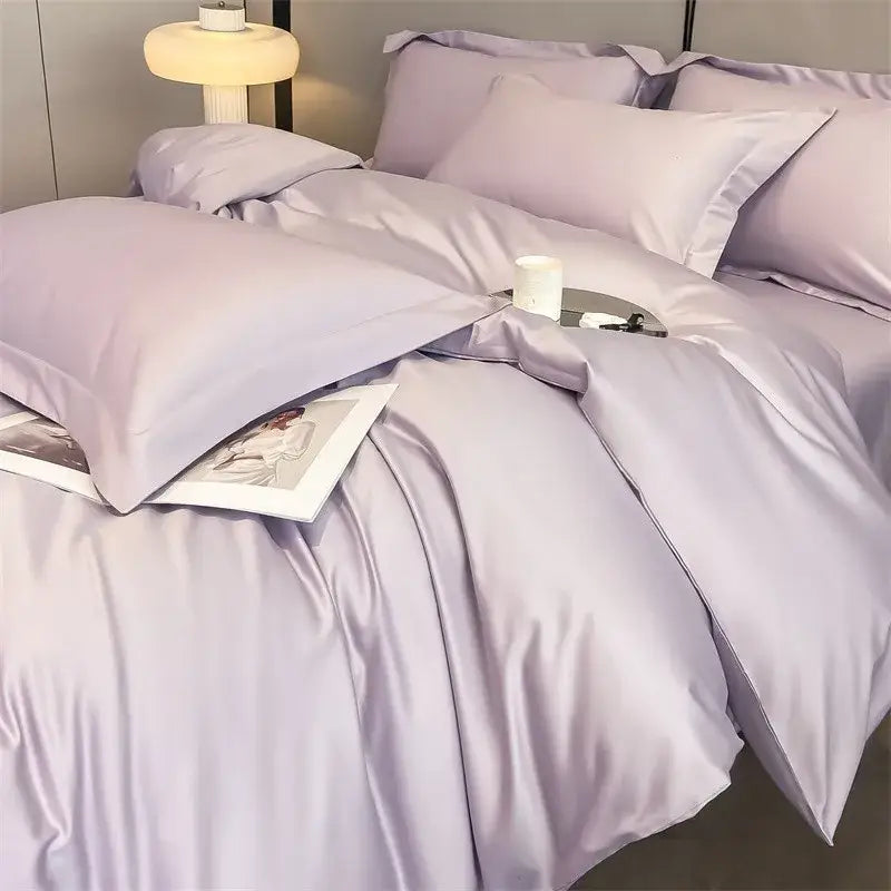 Lavender satin DecorBites™ 1000TC Egyptian cotton duvet cover set with fitted sheet and piece duvet cover matching pillows