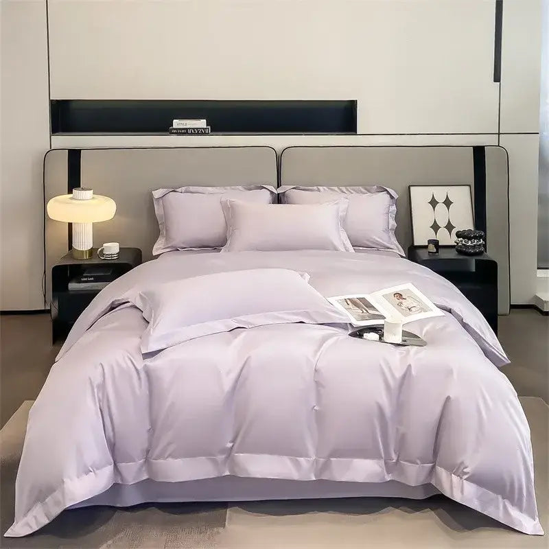 Lavender satin duvet cover and fitted sheet set with matching pillows featuring a smooth, luxurious finish from decorbites 1000tc egyptian cotton bedding set