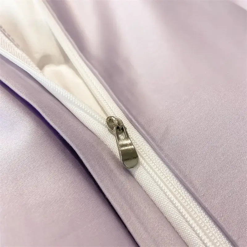Lavender satin duvet cover with white zipper and metallic pull tab from decorbites™ luxurious 1000tc egyptian cotton bedding set