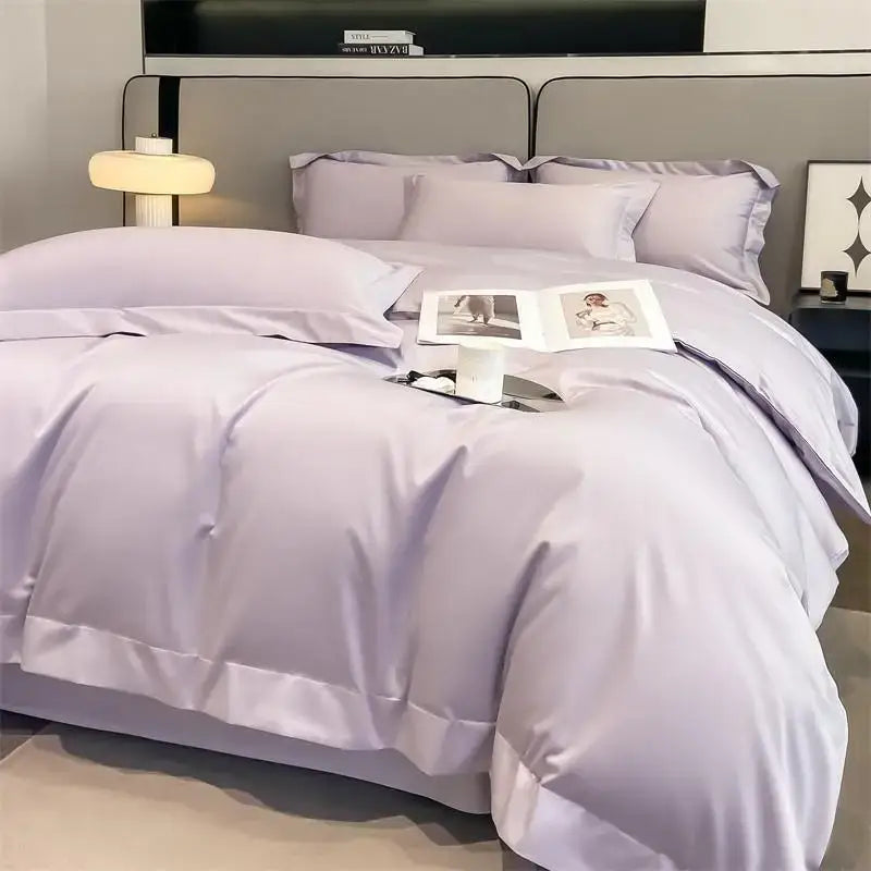 Lavender satin duvet cover set with fitted sheet and pillowcases from DecorBites™ 1000TC Egyptian cotton bedding