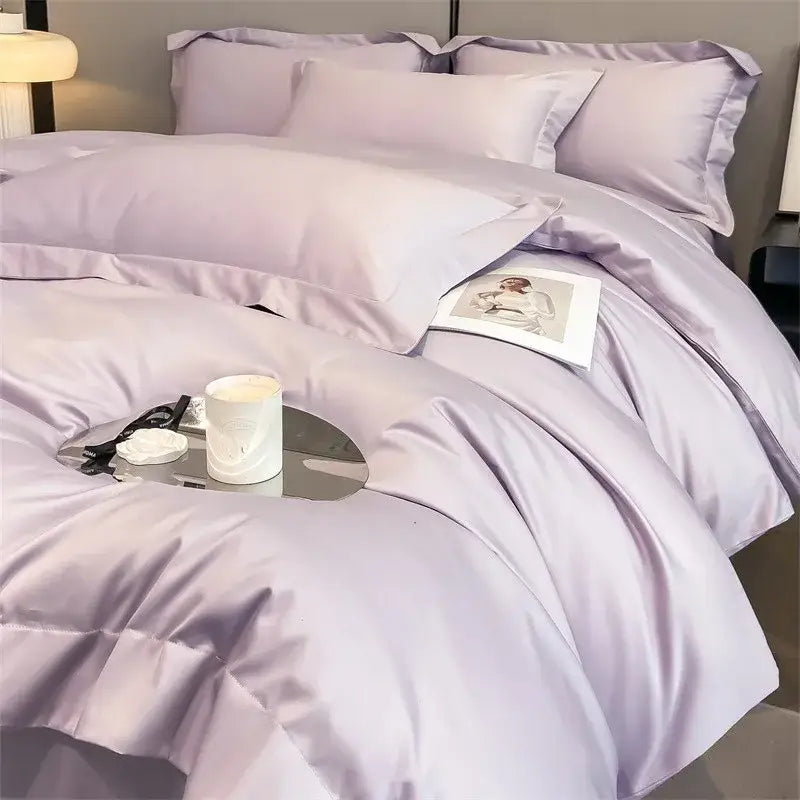 Lavender satin duvet cover and fitted sheet set with a smooth glossy finish from decorbites™ 1000tc egyptian cotton bedding set