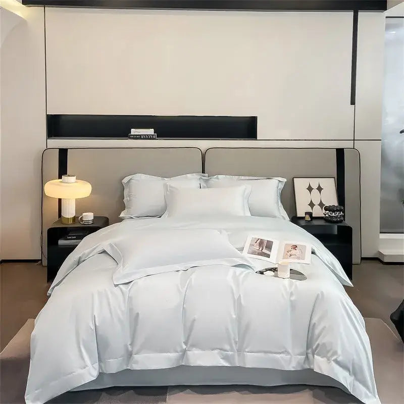 Light blue satin duvet cover set with matching pillowcases and fitted sheet from decorbites luxurious 1000tc egyptian cotton bedding set
