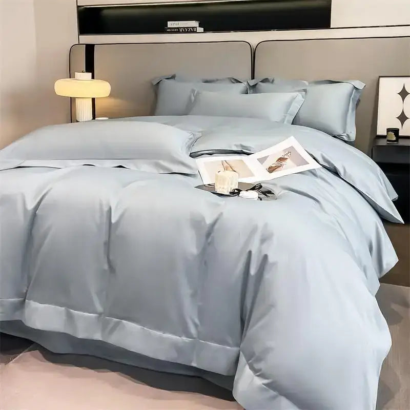 Decorbites™ luxurious 1000tc egyptian cotton duvet cover set in light blue satin with fitted sheet and piece duvet cover