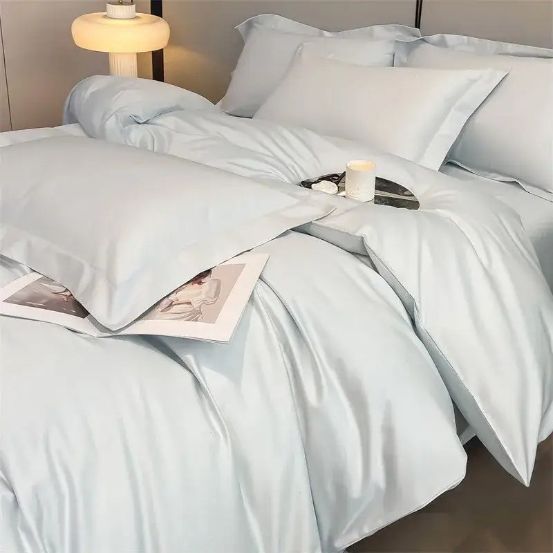 Light blue satin duvet cover and fitted sheet from DecorBites™ luxurious 1000TC Egyptian cotton bedding set