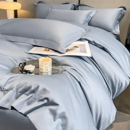 Light blue satin duvet cover and fitted sheet from DecorBites™ luxurious 1000TC Egyptian cotton bedding set