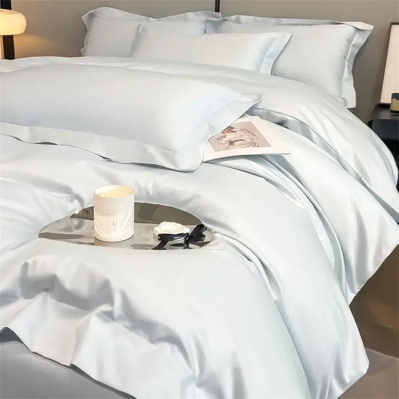 Light blue satin duvet cover and fitted sheet from DecorBites™ luxurious 1000TC Egyptian cotton bedding set