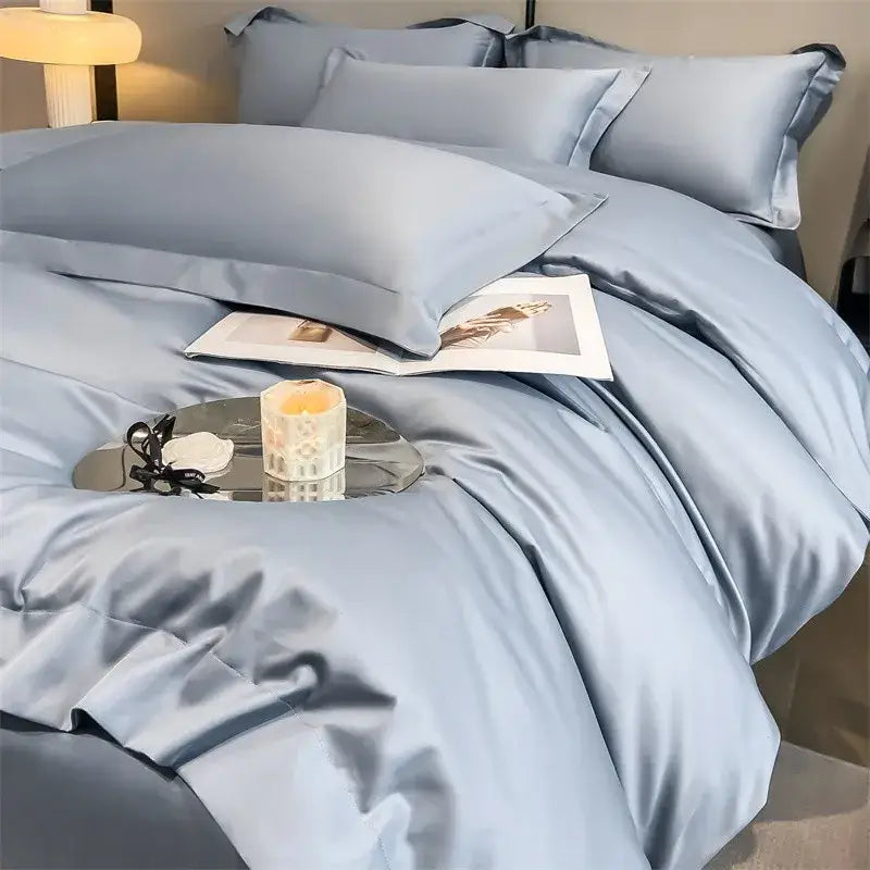 Decorbites luxurious light blue satin duvet cover and fitted sheet set made from 1000tc egyptian cotton