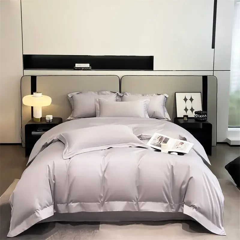 Decorbites™ luxurious 1000tc egyptian cotton light gray satin duvet cover set with subtle sheen and elegant stitched detailing