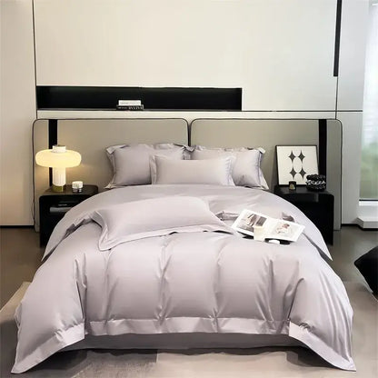 DecorBites™ luxurious light gray satin duvet cover set with subtle sheen and elegant stitched detailing in 1000TC cotton