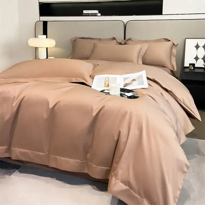 DecorBites™ luxurious 1000TC Egyptian cotton taupe satin duvet cover set with fitted sheet and smooth glossy finish