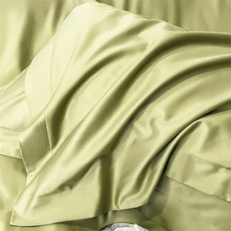 Luxurious sage green satin pillowcase with smooth glossy finish from DecorBites 1000TC Egyptian cotton duvet cover set