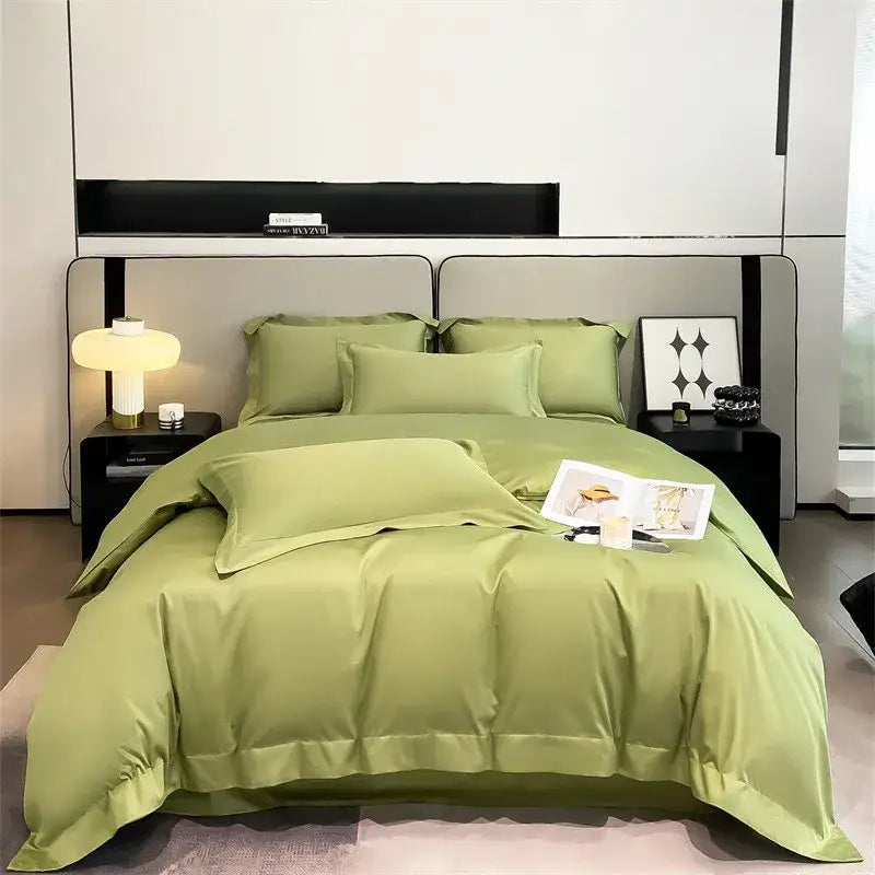 Decorbites™ luxurious 1000tc egyptian cotton satin green four-piece bed set with duvet cover and fitted sheet