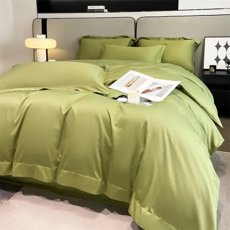 DecorBites™ luxurious 1000TC Egyptian cotton satin green duvet cover set with fitted sheet and piece duvet cover folded neatly