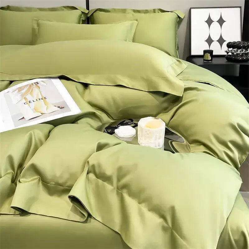 Satin green DecorBites™ luxurious 1000TC Egyptian cotton bedding set with smooth duvet cover and fitted sheet