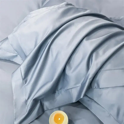 Silk pillowcase with a smooth light blue satin finish from the decorbites™ luxurious 1000tc egyptian cotton bedding set including duvet cover and fitted sheet