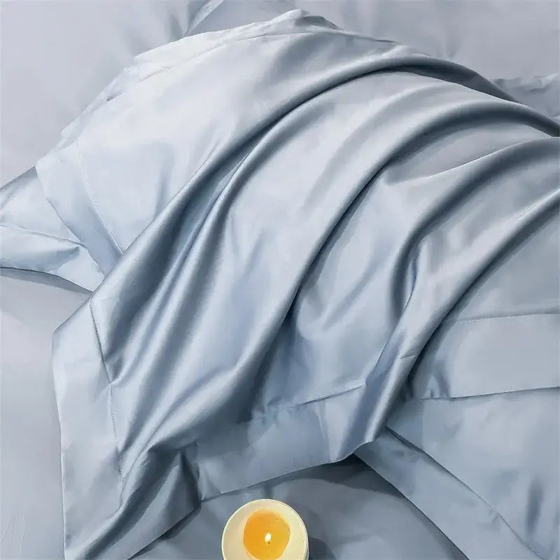 Silk pillowcase with smooth light blue satin finish as part of decorbites™ luxurious 1000tc egyptian cotton duvet cover set