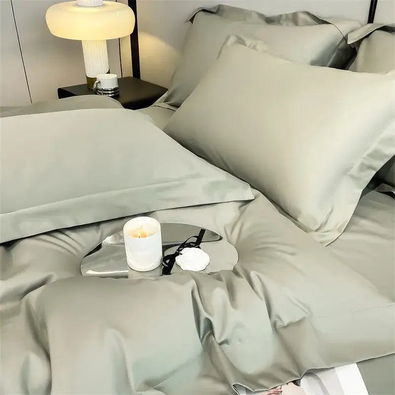 Silk-gray satin pillowcases with a smooth glossy finish from decorbites™ luxurious 1000tc egyptian cotton bedding set including duvet cover and fitted sheet