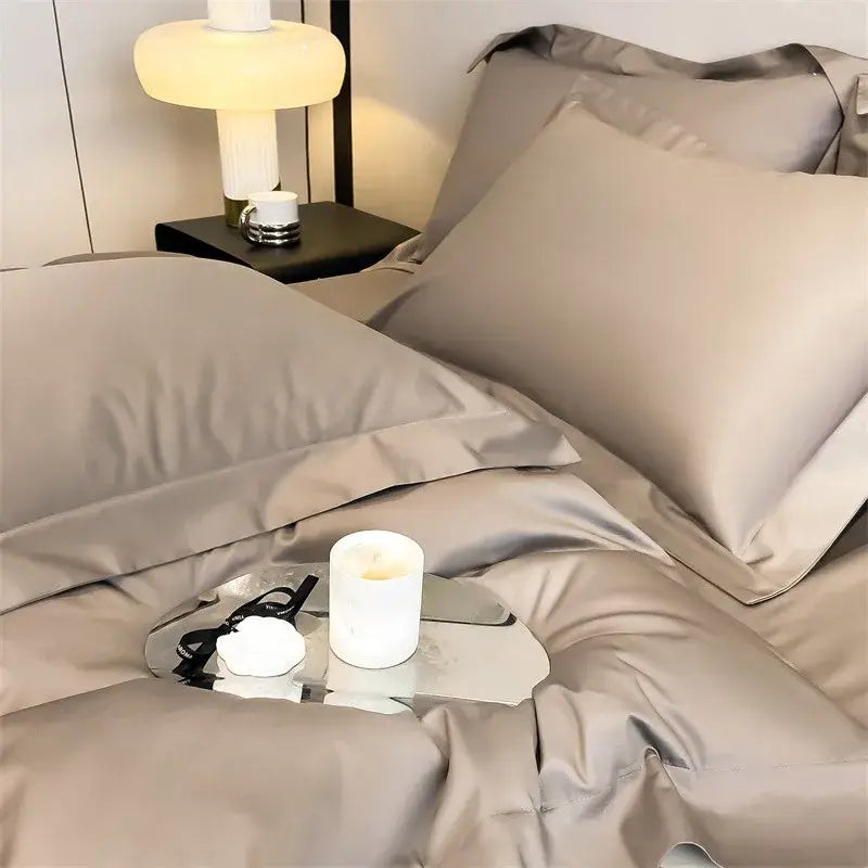 Silk-gray satin pillowcases with smooth lustrous finish from decorbites™ luxurious 1000tc egyptian cotton bedding set including duvet cover and fitted sheet