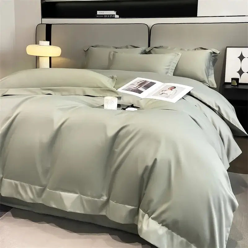 Silk-like sage green duvet cover with subtle sheen and elegant stitched detailing in DecorBites™ 1000TC egyptian cotton set