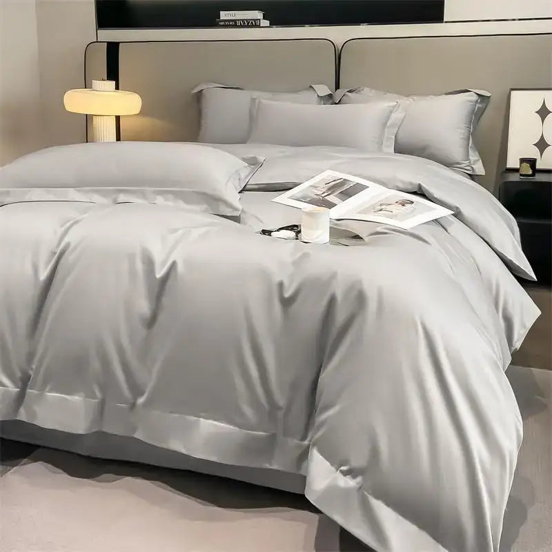 DecorBites™ luxurious silver-gray satin duvet cover set with smooth glossy finish and elegant stitched detailing