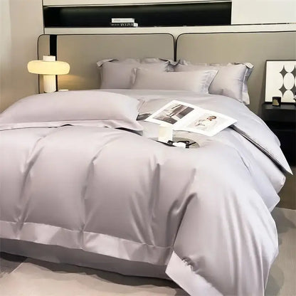 DecorBites™ luxurious silver-gray satin duvet cover set with subtle sheen and elegant stitched detailing in 1000TC Egyptian cotton