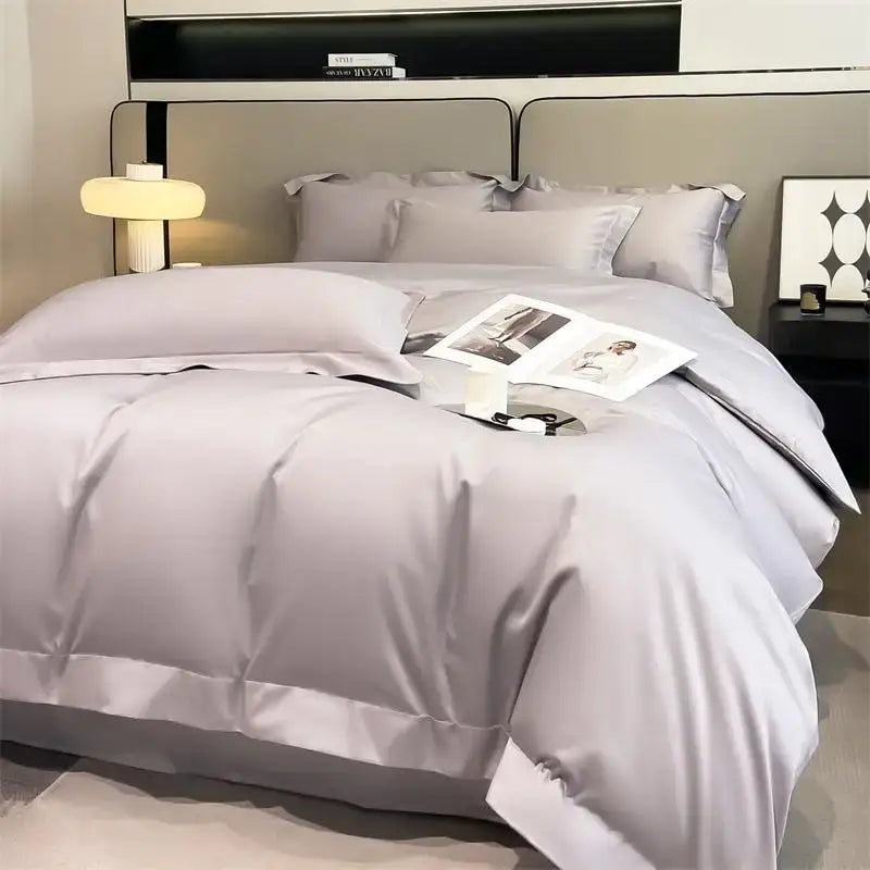 DecorBites™ luxurious silver-gray satin duvet cover set with subtle sheen and elegant stitched detailing in 1000TC Egyptian cotton