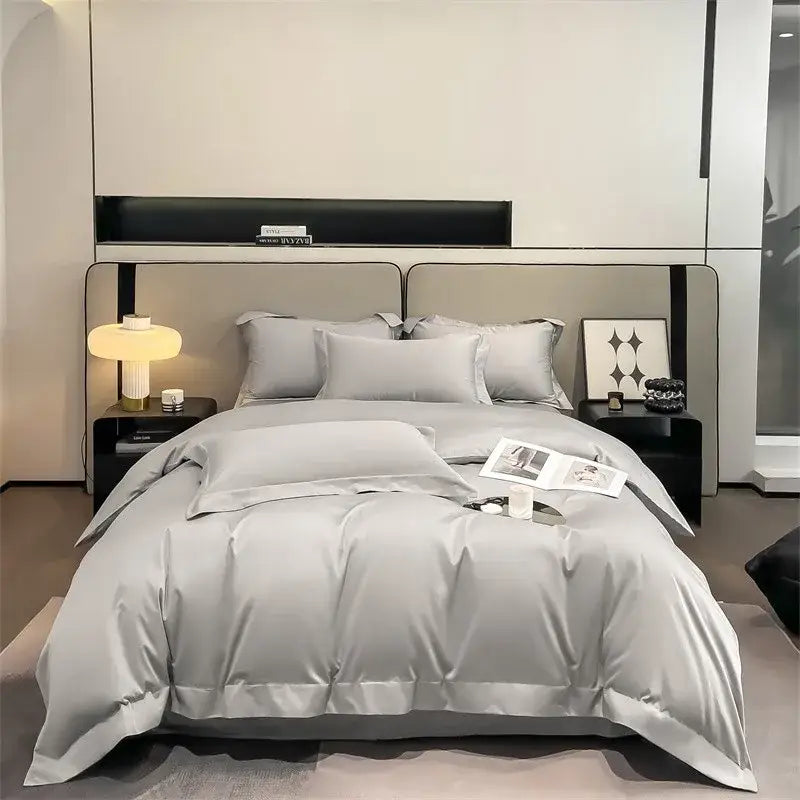 DecorBites™ luxurious silver-gray satin duvet cover set with 1000TC Egyptian cotton fitted sheet and piece duvet cover