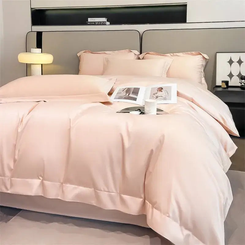 DecorBites™ luxurious 1000TC Egyptian cotton blush pink satin duvet cover with smooth glossy finish and stitched edges
