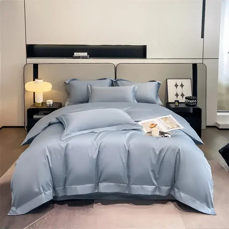 DecorBites™ luxurious 1000TC Egyptian cotton duvet cover set in soft light blue satin with matching fitted sheet and pillowcases