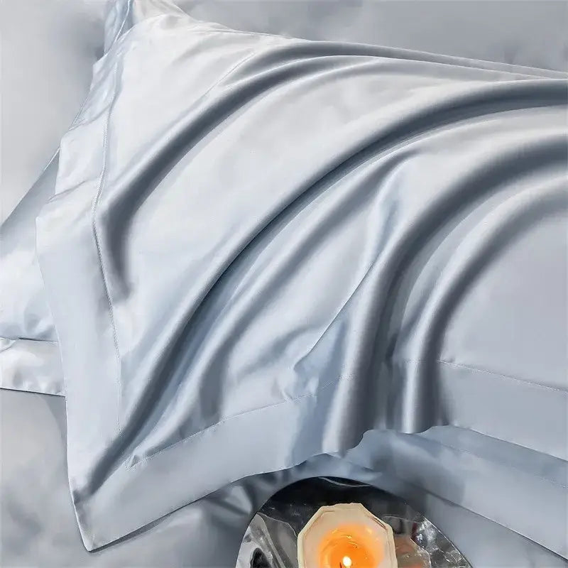 Soft light blue satin pillowcase with glossy finish from decorbites™ luxurious 1000tc egyptian cotton duvet cover set