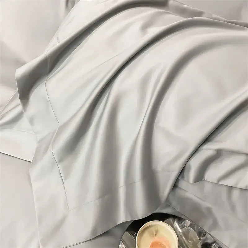 Decorbites™ luxurious 1000tc egyptian cotton fitted sheet in soft light gray satin with smooth glossy finish and subtle sheen