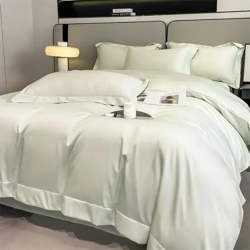 Decorbites luxurious 1000tc egyptian cotton duvet cover set in soft light green satin with fitted sheet and sheen finish