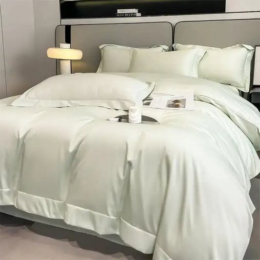 Decorbites luxurious 1000tc egyptian cotton duvet cover set in soft light green satin with fitted sheet and pillowcases
