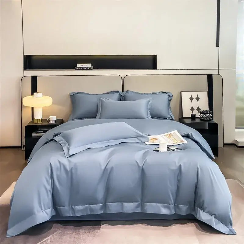 Decorbites™ luxurious 1000tc egyptian cotton duvet cover and fitted sheet set in soft light blue satin-like fabric