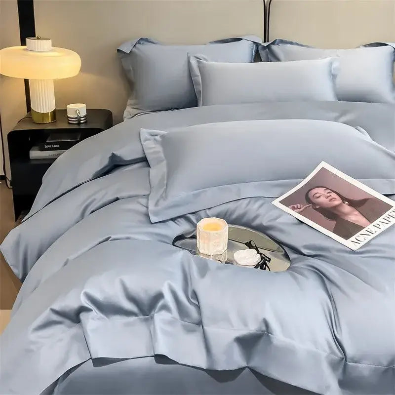 Decorbites™ luxurious 1000tc egyptian cotton bedding set with light blue satin duvet cover and fitted sheet