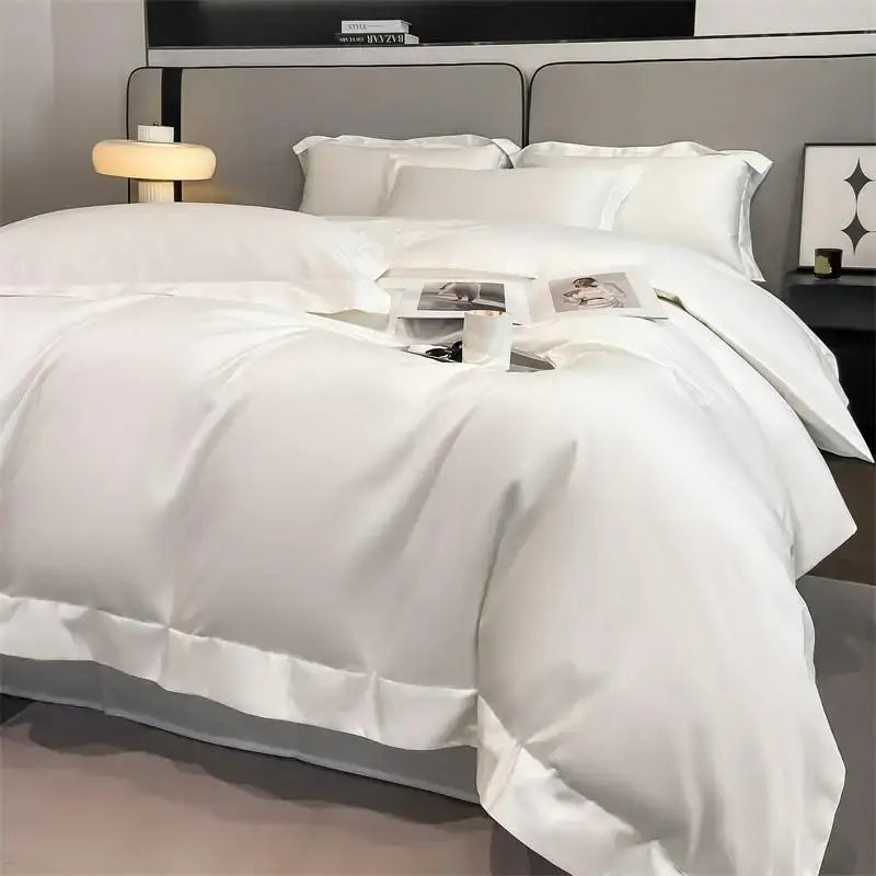 White satin duvet cover with smooth glossy finish and neatly stitched edges from DecorBites™ 1000TC bedding set