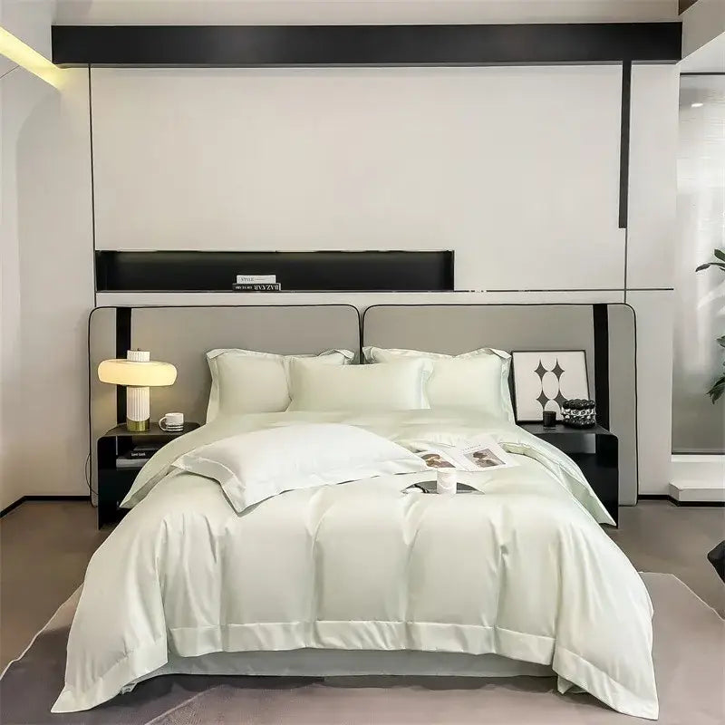 Decorbites™ luxurious white satin duvet cover set with glossy finish and elegant stitched detailing in 1000TC cotton