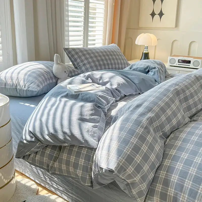 Blue and gray plaid duvet cover bedding set with matching pillowcases and flat sheet by decorbites luxurious 2024