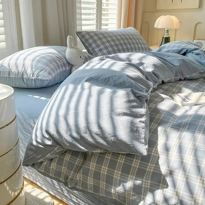 DecorBites™ luxurious 2024 grid lattice bedding set with blue and gray plaid duvet cover and soft textured fabric flat sheet