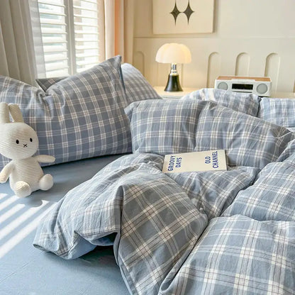 DecorBites™ Luxurious 2024 blue and white plaid bedding set with soft textured fabric includes duvet cover and flat sheet
