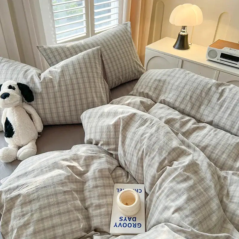 Plaid gray and white cotton DecorBites™ Luxurious 2024 grid lattice bedding set with duvet cover and matching pillows