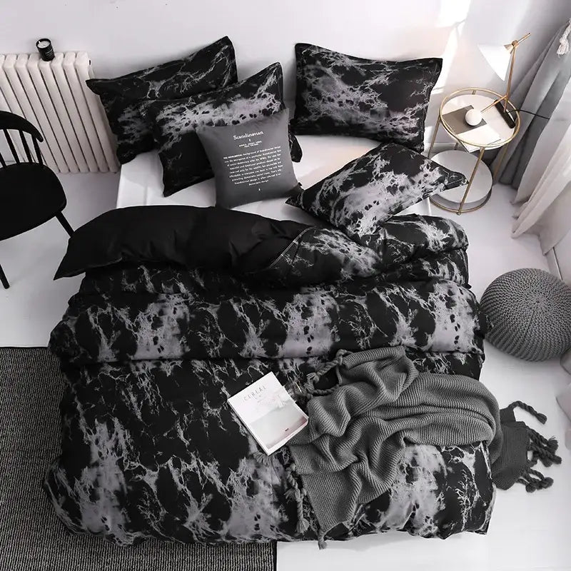 Black and gray marble-patterned duvet cover set from decorbites™ features a modern minimalist design on luxurious fabric