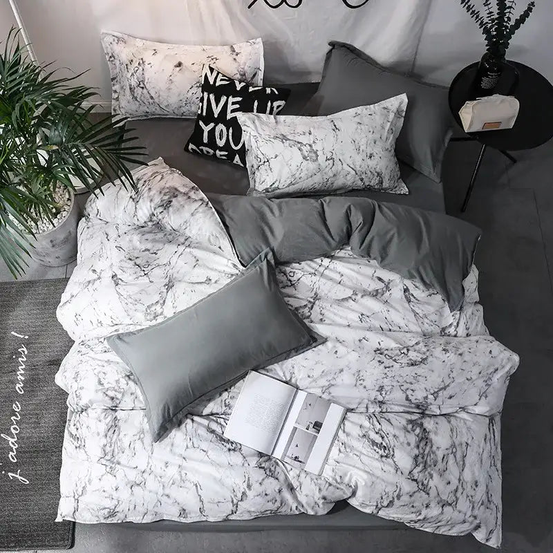 DecorBites™ luxurious 3-piece duvet cover set with gray and white marble-patterned bedding and matching pillows