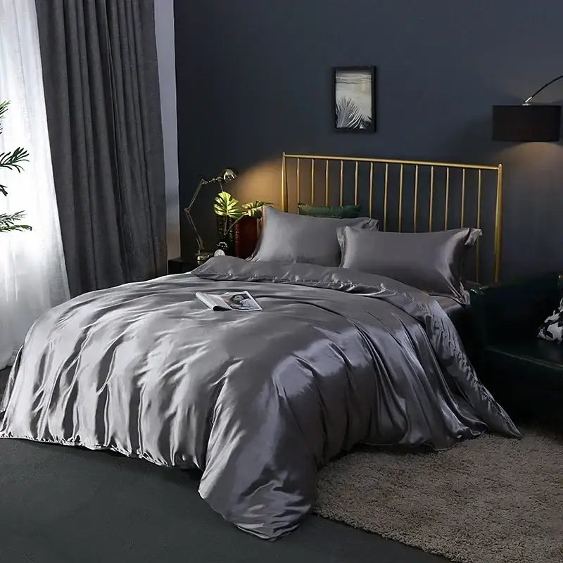 Silk gray satin duvet cover set with matching pillowcases from decorbites featuring a smooth lustrous finish pcs suitable