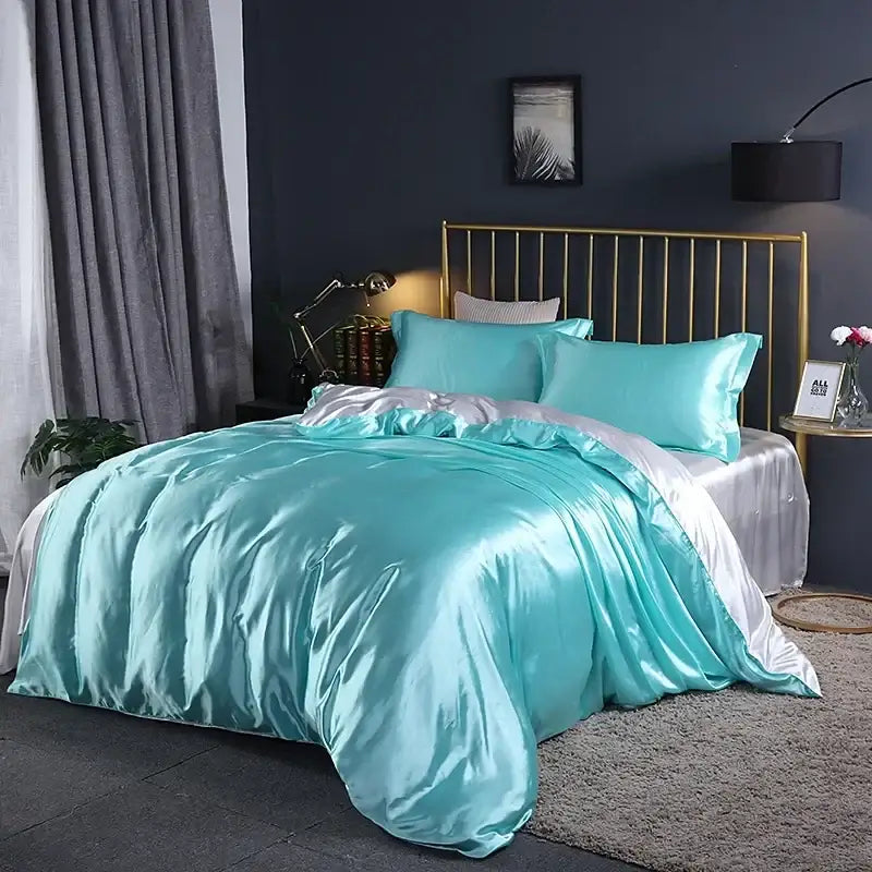 Turquoise satin duvet cover set with matching pillowcases from DecorBites™ luxurious bed linen 3 pcs suitable for bedding
