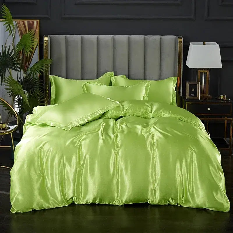Luminous lime green satin bed sheet and duvet cover with glossy smooth texture from DecorBites™ luxurious bedding collection