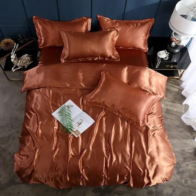 Copper satin decorbites luxurious bedding ensemble with bed sheet duvet cover and matching pillows for width bed
