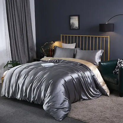 Decorbites luxuriously draped metallic gray satin duvet cover with subtle gold lining for width bed or bed sheet use